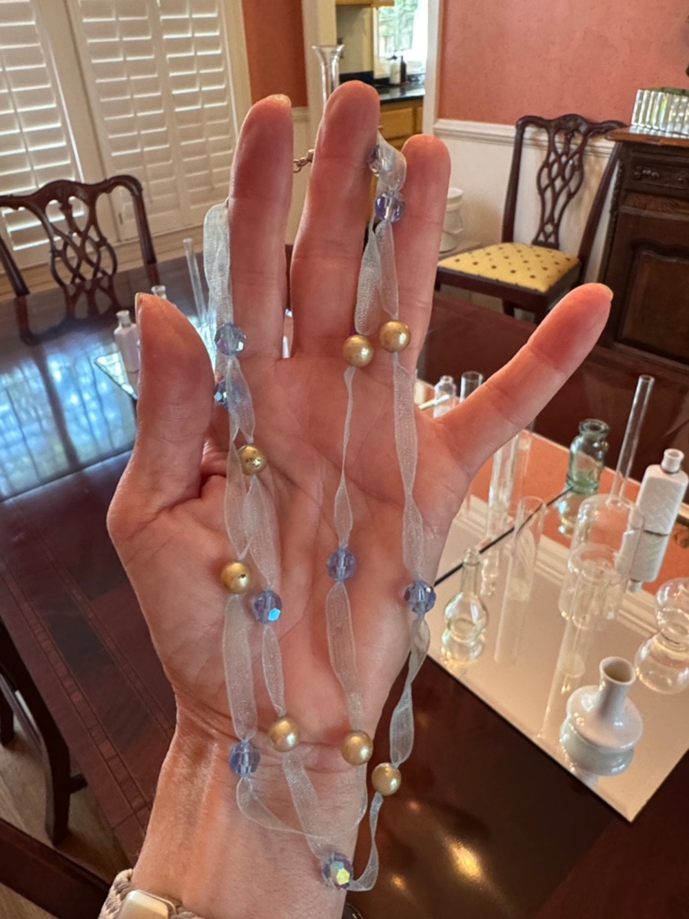 Delicate Blue and Gold Beaded Ribbon Necklace - Women Jewelry